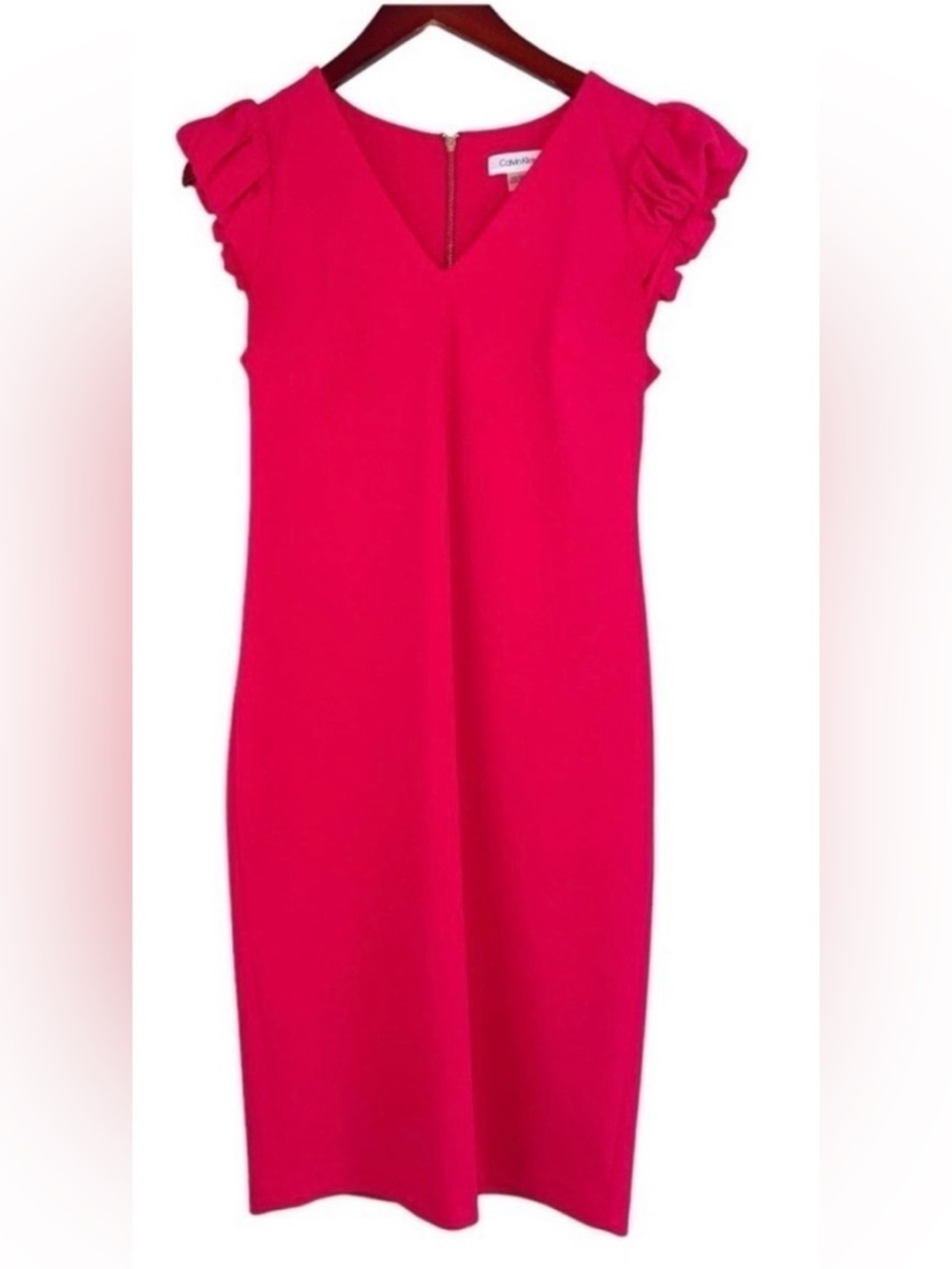 Calvin Klein ruffle v-neck sheath dress mini business career pink women’s 4